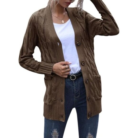 Women's Fall Long Sleeve Cable Knit Sweater Open Front Cardigan, Coffee - Picture 5 of 7